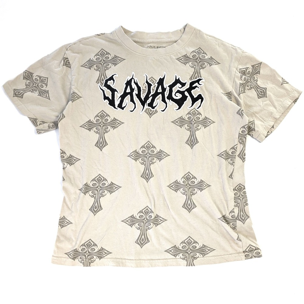 Public Supply NYC Savage Gothic Cross All Over Print T-Shirt Tan Mens Medium